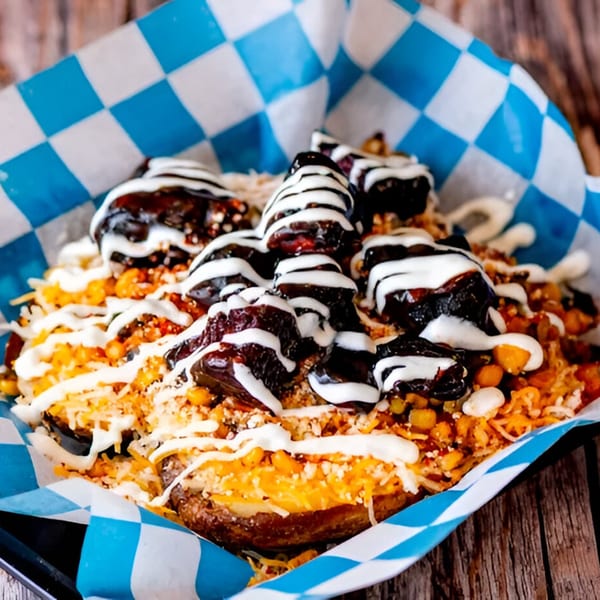 Loaded baked potato with pulled pork, cheese, corn, and white sauce in a blue and white checkered basket.