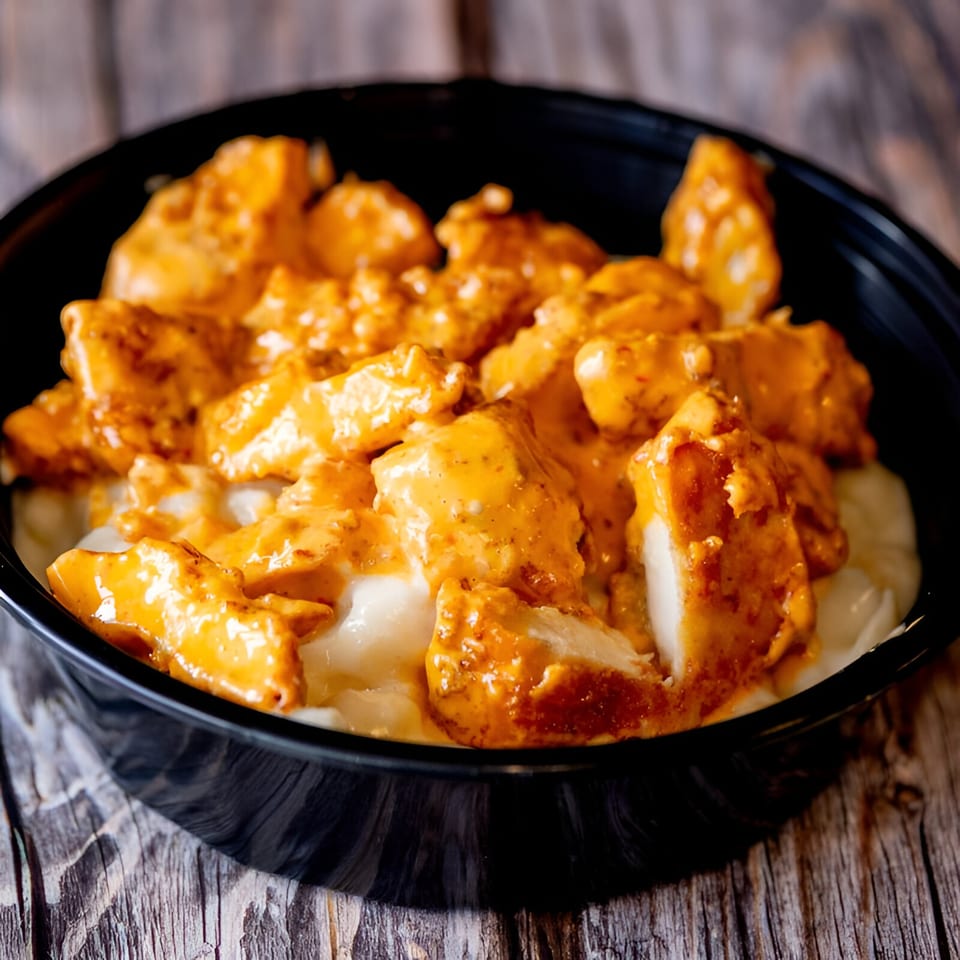 Mac Daddies' buffalo chicken mac and cheese in a black bowl on a rustic wooden table.