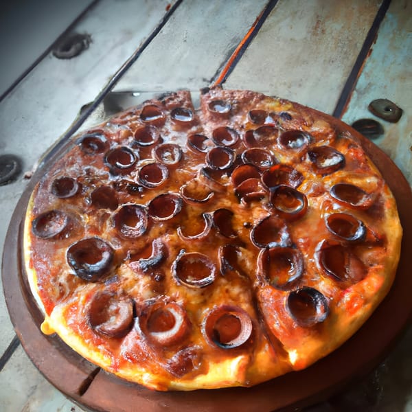 A large, round pepperoni pizza with a golden crust and bubbling cheese, on a wooden board.