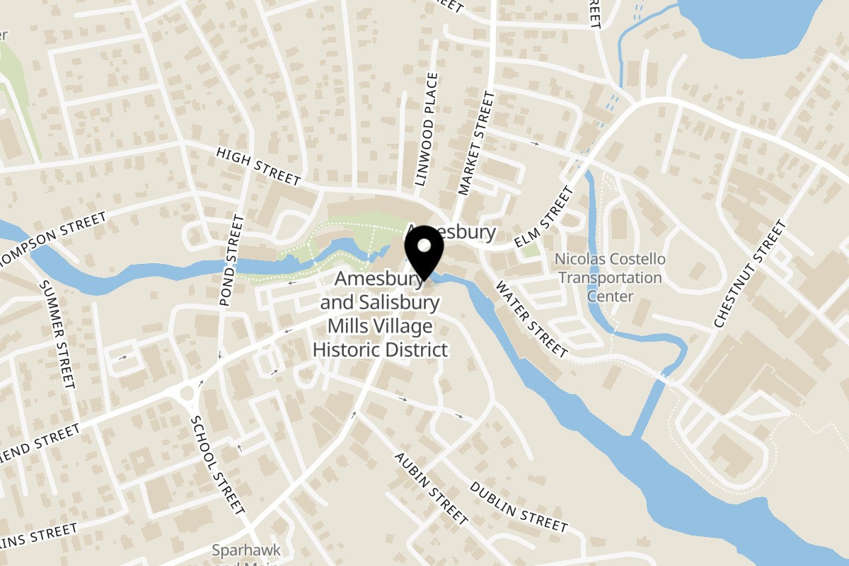Map showing the location of Mac Daddies and a little more Amesbury on 36 Main Street in Amesbury
